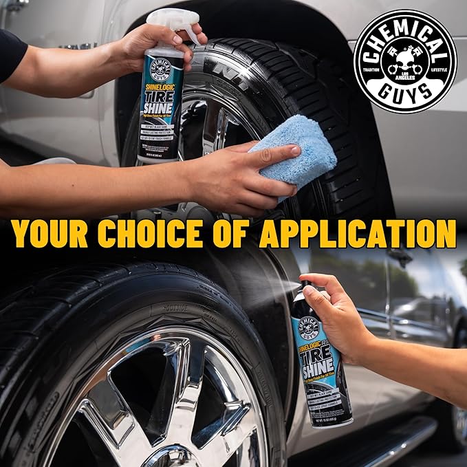 Chemical Guys, ShineLogic Deep Wet Black Tire Shine Dressing, Gloss, 20 oz | Dries to the touch so it will not fling onto paint, and the trigger sprayer reaches sidewalls without bending down