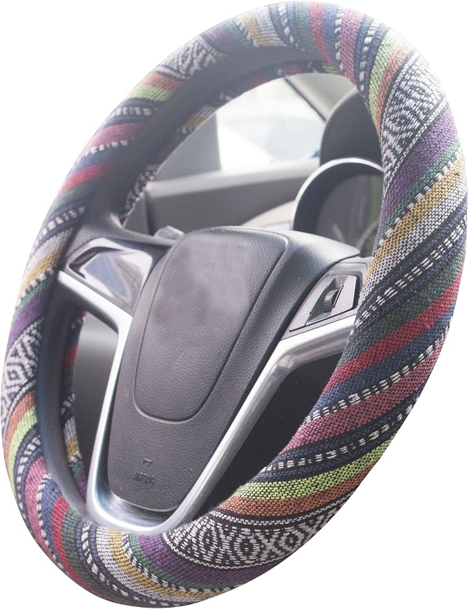 Medium Ethnic Style Coarse Flax Cloth Automotive Steering Wheel Cover Anti Slip and Sweat Absorption Auto Car Wrap Cover (14.5''-15'',B)