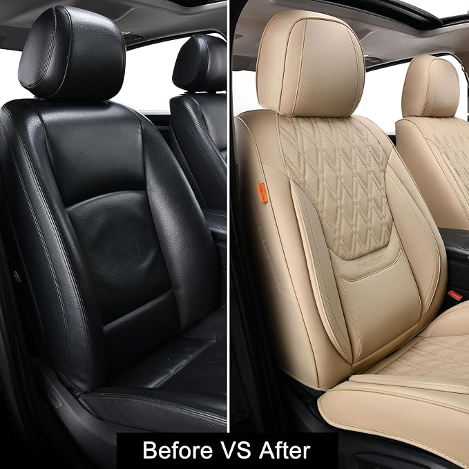 Car Seat Covers Full Set, Breathable Leather Automotive Front and Rear Seat Covers, Car Seat Protectors Full Set,Universal Automotive Vehicle Seat Cover for Most Sedan SUV Pick-up Trucks, Beige