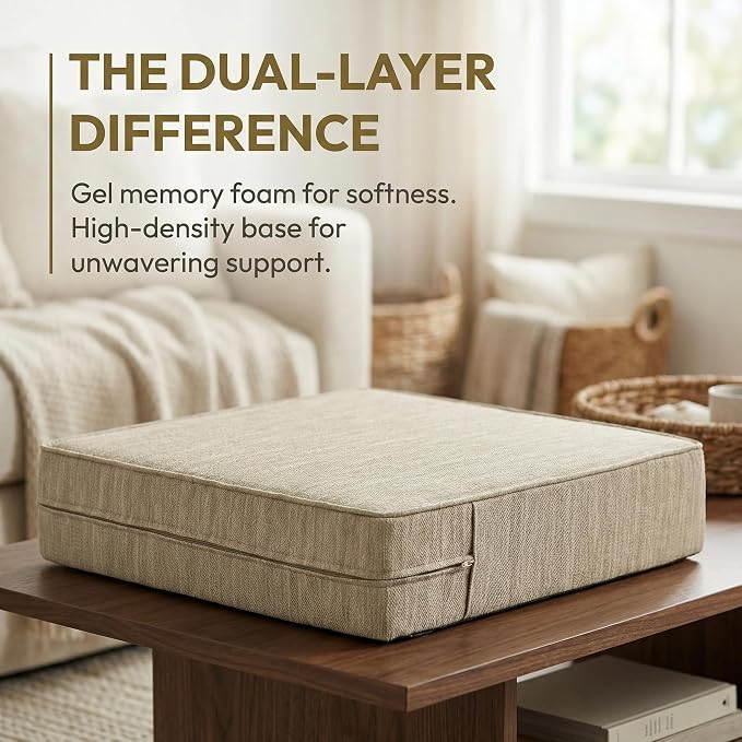 baibu Dual-Layer Gel Memory Foam Recliner Cushions for Elderly, 18x18x4 Inch Thick Non-Slip Recliner Seat Cushion Suitable for Couches, Armchair, Wheelchair, Beige