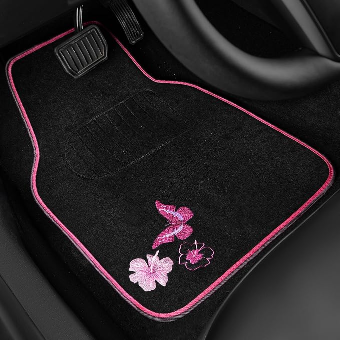 CAR PASS Embroidery Butterfly Steering Wheel Cover and Waterproof Car Floor Mats,Pink Car Mats 14.5-15inch Steering Wheel Covers Universal Fit for Cars, Suvs,Sedans,Van,for Women Girl(Black and Pink)