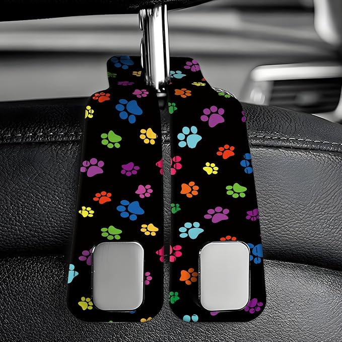 Car Seat Back Storage Headrest Hook, Premium Leather Double Metal Hook, Hanger Storage Organizer for Purse Cloth Bag, Car Interior Accessories Colorful Dog Paws