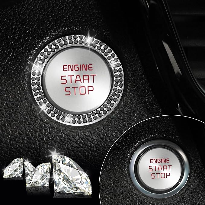 LivTee Car Engine Start Stop Decoration Ring, Crystal Double Rhinestone, Bling Car Interior Accessories for Women, Key Ignition & Knob Bling Ring, Push to Start Button Cover/Sticker, Black