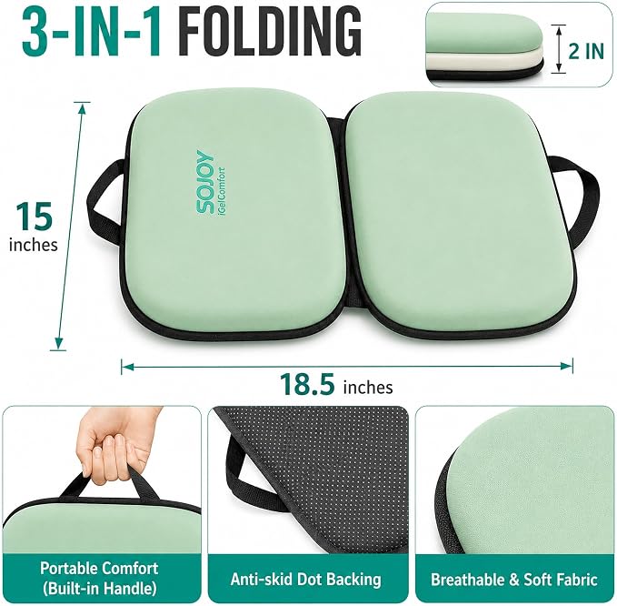 Sojoy 3-in-1 Foldable Gel Seat Cushion with Memory Foam Ergonomic Portable Cushion for Back Pain & Tailbone Relief - Perfect for Office Chair, Airplane Travel & Stadium Seats (18.5" x 15" x 2" Green)