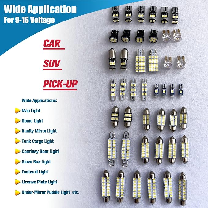 44-Pack Car Truck Vehicle LED Interior Light Map Dome Bulb Kit | 12V White DE3175 6418 6411 T10 194 BA9S 64111 T5 74 6615F 28mm 31mm 36mm 41mm Vanity Mirror Footwell Cargo License Plate Bulb