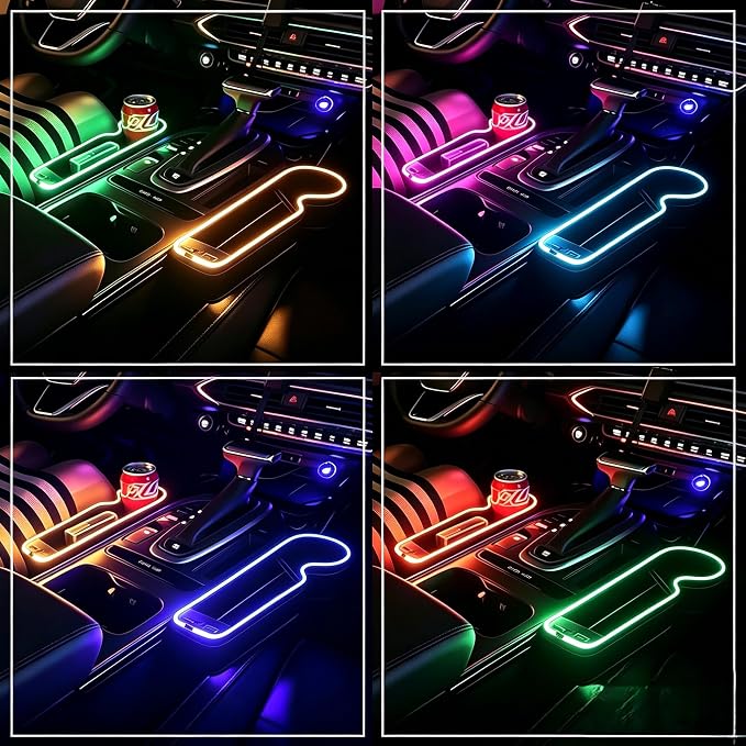 7 Color Led Car Seat Gap Organizer with 56W Type C USB Charging | Multifunctional Front Seat Organizer with Cup Holder Console Organizer Seat Gap Filler with Vibe Lamp for Andriod iPhone Grey
