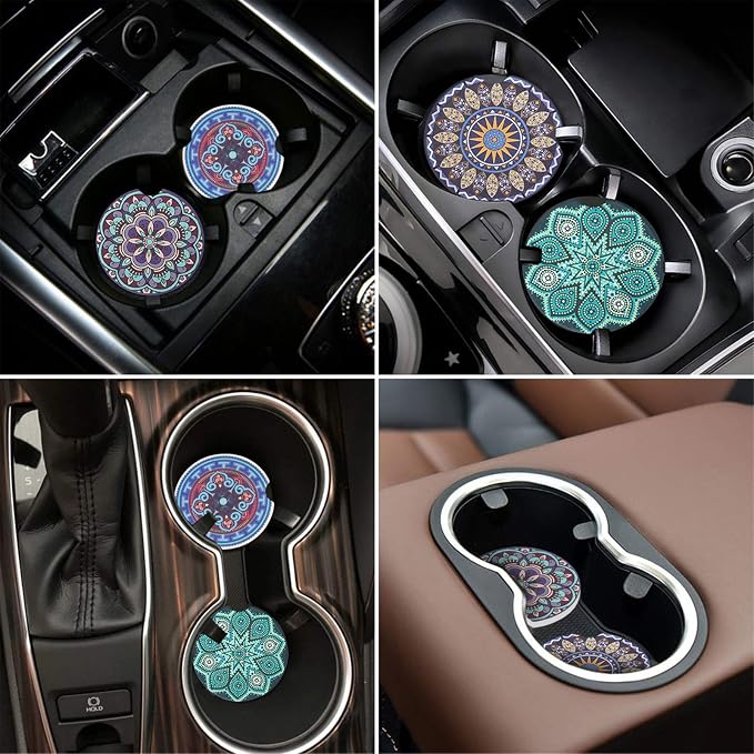 Vaincre 4 Pack 2.56" Car Coasters for Drinks Absorbent, Mandala Ceramic Cup Holder Coaster for Your Car with Fingertip Grip, Removable Cute Auto Accessories, Keep Vehicle Clean for Women & Girls
