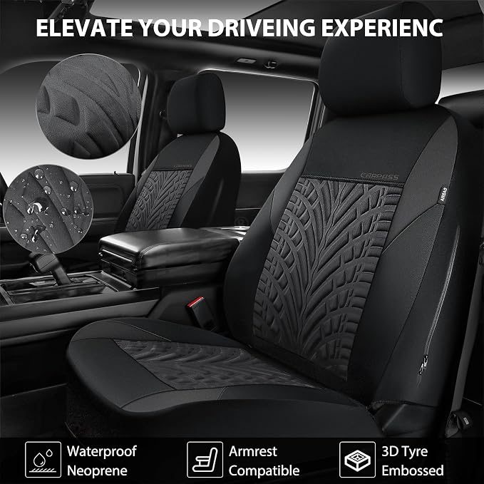 CAR PASS Neoprene Waterproof Seat Covers Full Sets, Wetsuit Car Seat Covers 5 Seats Universal Fit Vans, Truck, SUV, 3D Tyre Embossed Seat Covers Anti Slip with Armrests, Aibag Compatible(Black Gray)