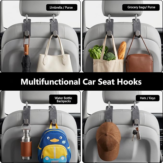 Purse Hook for Car Seat Headrest, Suede Car Purse Hook, Heavy Duty Car Hook Organizer for Handbags, Grocery Bags & Backpacks, Universal Car Hooks for SUV Truck Interior(Gray,2pcs)