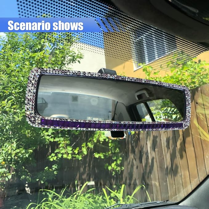 Bling Car Rear View Mirror, Clip-On Rhinestone Car Rearview Mirror with Crystal Diamonds, HD Glass Auto Interior Rear View Mirror, Car Decoration Accessories for Women Men Teens (Purple)
