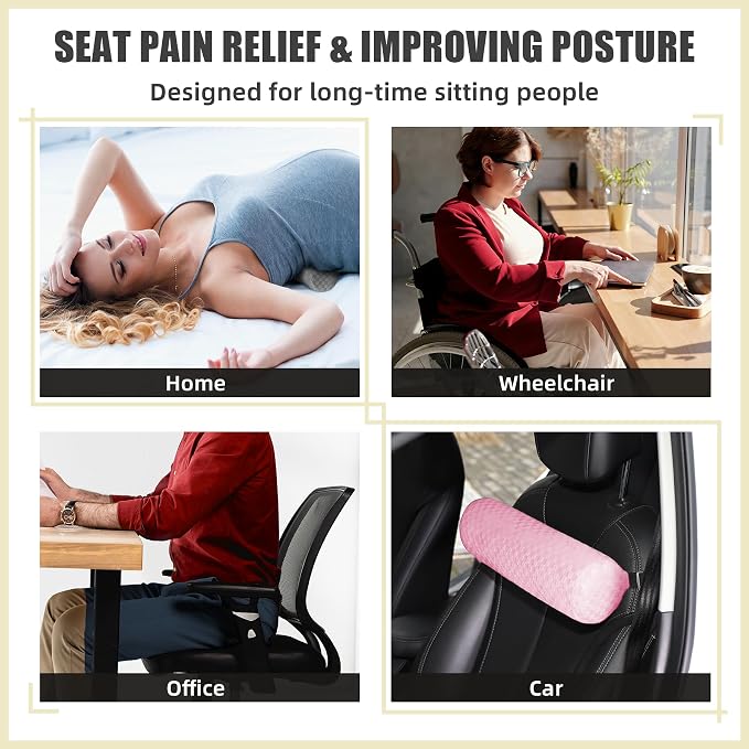 Lumbar Roll Pillow for Lower Back Support, Foam Cushion,Pink, 15 * 4.3'' | Removable Pillowcase, Upgraded Adjustable Strap, Suitable for Office, Chair, Car, Seat Pain Relief & Improving Posture