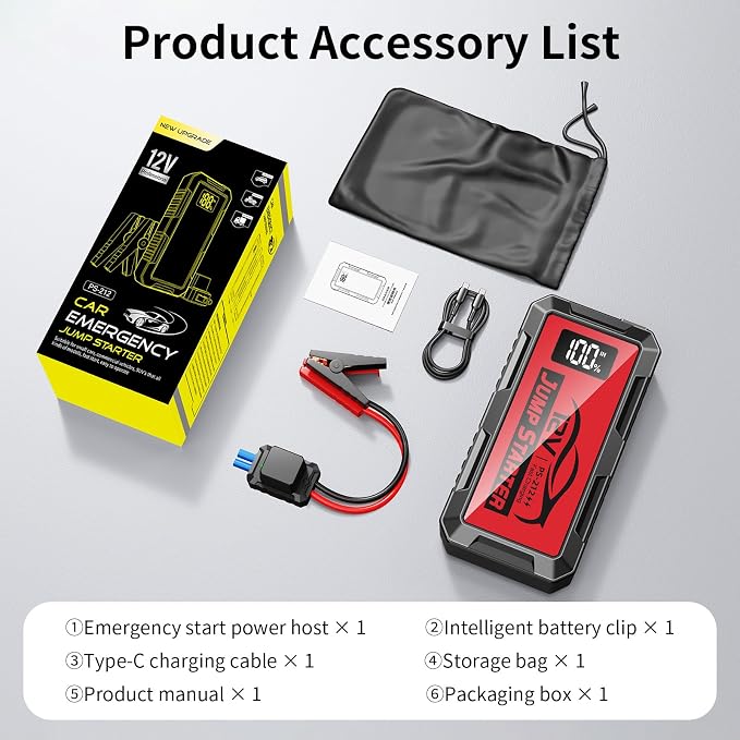 8000A Car Jump Starter, 12V Jump Starter Battery Pack (All Gas,up to 10.0L Diesel Engine) Jumper Cables Portable Lithium Jump Box, USB Output and LED Light (red)