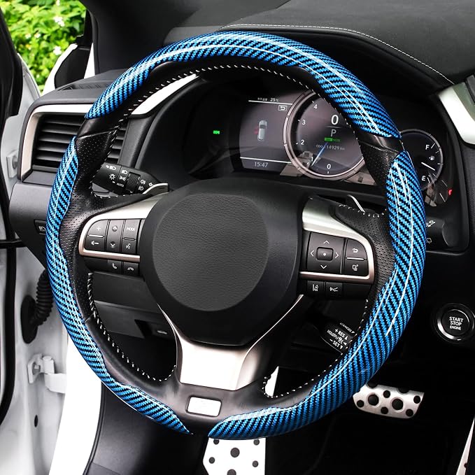 Amiss 3pcs Carbon Fiber Anti-Skid Steering Wheel Cover, Waterproof Design, Universal Fit for 14-16 Inch Car Wheel Cover, Interior Car Accessories for Jeeps, SUVs, Trucks (Glossy Blue)