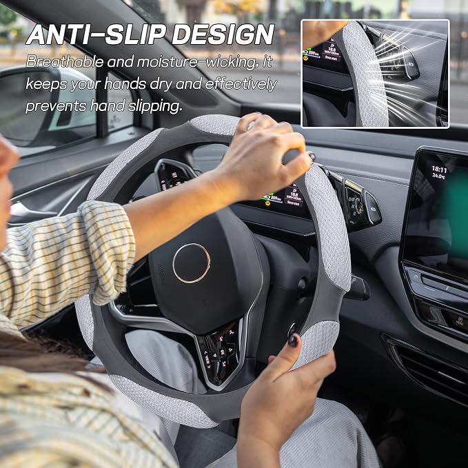 Wuyaoyao Car Steering Wheel Cover, 15 Inch PU Leather Anti-Slip Steering Wheel Covers Protector with Soft Hand Pad Cushion, Breathable & Comfortable, Universal Interior Car Accessories (Gray)
