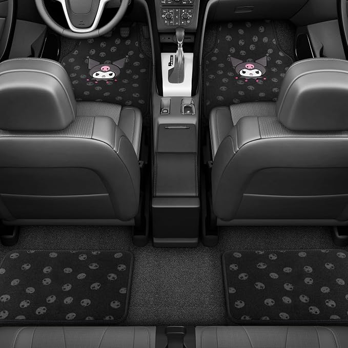 Kuromi Carpet Car Floor Mats - Universal Fit for Cars, SUVs & Trucks - Black with Kuromi Print & Purple, Pink Accents - Front & Rear Set, 4 Piece