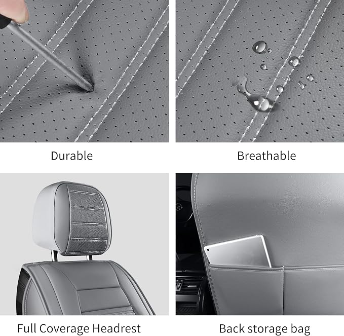 HChengkikz Front Car Seat Cover, Faux Leather, Waterproof (Gray) | Breathable, Airbag Compatible, Easy Maintenance, Universal Fit for Most Sedans SUVs Pick-ups Trucks