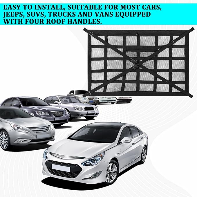 Car Ceiling Cargo Net, 31.5" x 21.6" Double Layer Overhead Storage Organizer, Adjustable Roof Mesh Pocket with Buckle Straps, Universal Auto Accessory for SUVs, Camping, Travel, Road Trips