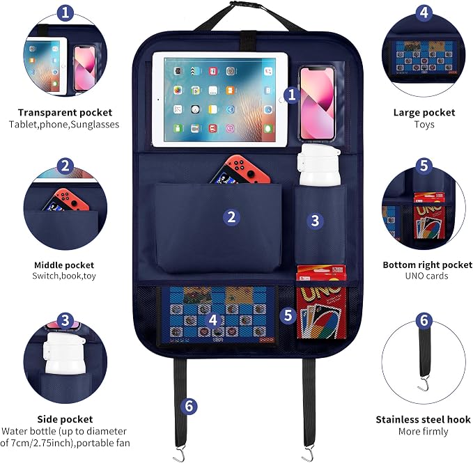 LUCMO Car Backseat Organizer with Foldable Tablet Holder, Dark Blue | 6 Storage Pockets,Foldable Food Tray,Protectors Kick Mats,Travel Accessories,Seat Cover,Road Trip Essentials