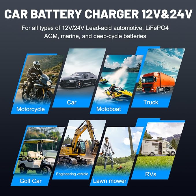 20A Smart Car Battery Charger, 12V/24V Battery Charger, Automatic Battery Maintainer Desulfator Compatible with LiFePO4, AGM, Gel, Lead-Acid, Trickle Charger for Truck, Motorcycle, RV, Boat (Black)