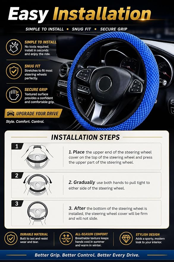 Mesh Ice Silk Cooling Car Steering Wheel Cover for Men Women,Summer Universal Breathable Stretch Anti-Slip Wheel Cover 14.5-15" for Cars, Trucks, Pickups, SUVs (Blue)