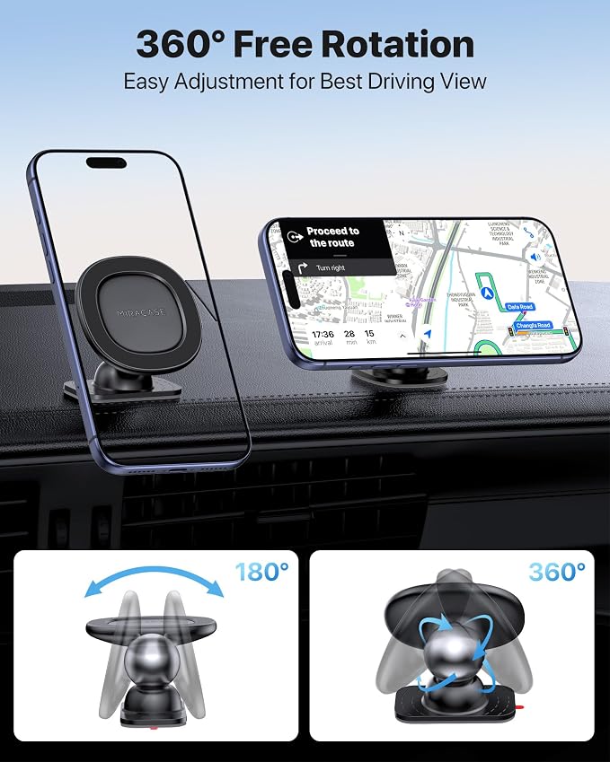 Miracase for MagSafe Car Mount【Strong Magnets】 Magnetic Phone Holder for Dashboard,360 Adjustable Car Phone Holder, Compatible with Garmin GPS iPhone Android and All Smartphones, Black