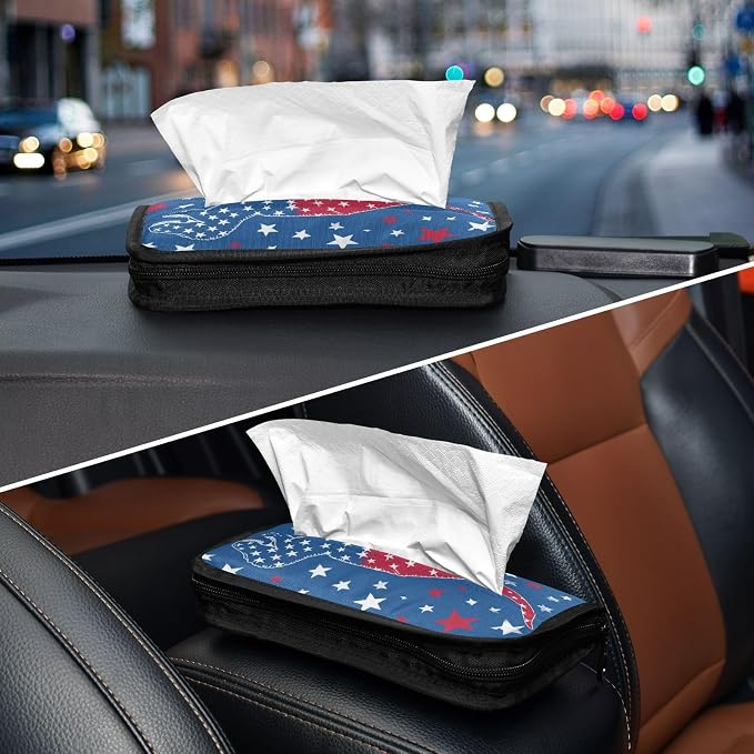 Car Visor Tissue Holder Mask Holder for Car, Car Tissue Box Sun Visor Napkin Holder Car Visor Accessories Adjustable Straps Reusable Durable Easy to Install July 4th T-rex and Us Flag Stars
