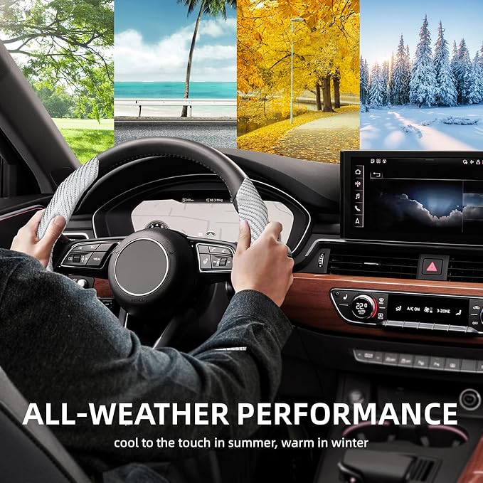 Carbon Fiber Steering Wheel Cover 2PCS Segmented Clip-on Protector (White) | Universal Fit, Anti-Slip Lining, Sporty Style, Car Interior Accessory for Men and Women