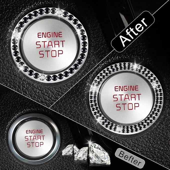 LivTee 2 PCS Crystal Combinatorial Rhinestone Car Engine Start Decoration Ring, Push to Start Button Cover Sticker, Bling Car Interior Accessories for Women, Automotive Decals, Black