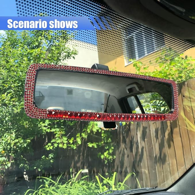 Bling Car Rear View Mirror, Clip-On Rhinestone Car Rearview Mirror with Crystal Diamonds, HD Glass Auto Interior Rear View Mirrors, Auto Decoration Accessories for Women Men Teens (Red)