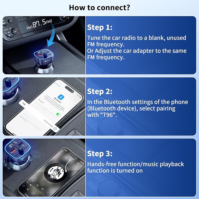 Bluetooth 5.3 FM Transmitter Car Adapter, Wireless Radio Adapter, Wireless FM Radio Transmitter, Hands-Free Calling and 2 USB Ports Fast Charging, HiFi Treble & Bass Player (Black)