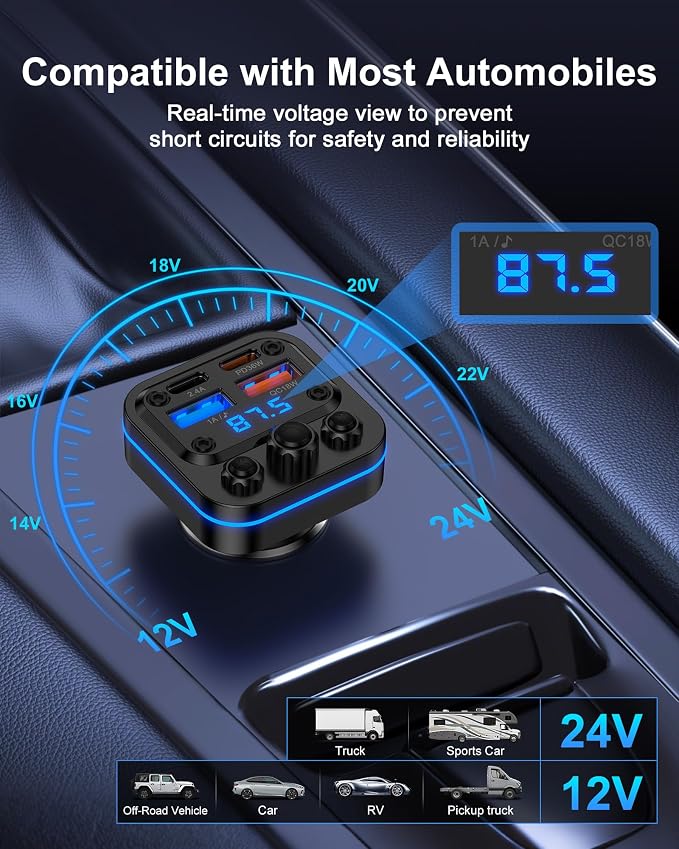 Bluetooth Fm Transmitter for Car, Fast Charging, Blue Tooth 5.4 Car Charger | USB-C USB-A Multi Ports, Wireless Radio Aux Cigarette Lighter Adapter Auxiliary for Samsung Galaxy Android iPhone Apple