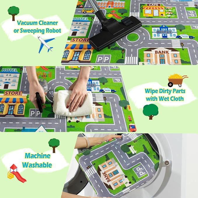 Car Rug Play Mat for Kids Toy Cars, City Road Traffic Playmat for Kid Bedroom, Non-Slip Machine Washable Kids Rugs for Learn and Have Fun 3'x4'/ 36"x48", Green
