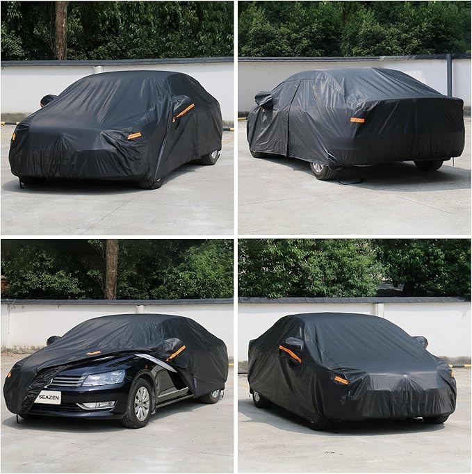 SEAZEN 7 Layers Car Cover Waterproof All Weather, Heavy Duty Car Cover for Automobiles with Zipper Full Exterior Cover Outdoor UV Snow Wind Protection, Universal Full Car Cover for Sedan Up to 200"