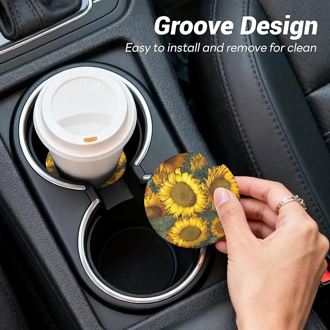 2 Pack Ceramic Car Coasters for Cup Holder, 2.56 in Anti Slip Absorbent Coaster with Cork Base and Finger Notch, Funny Cute Car Accessories for Women, Sunflower