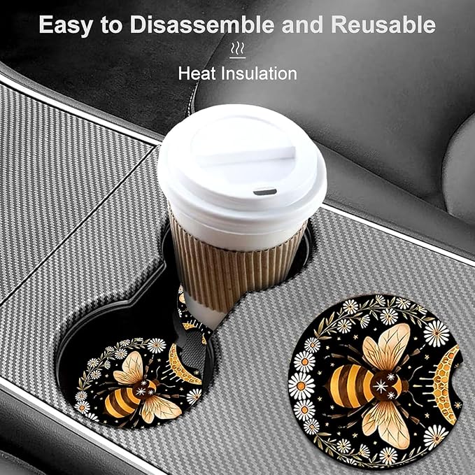 2 Pack Bee Car Cup Holder Coasters Universal Neoprene Coasters | 2.75" Universal Size Anti Slip Rubber Mat, Auto Cup Holder Accessories for SUV Truck, Bee Gifts for Women Men Mom