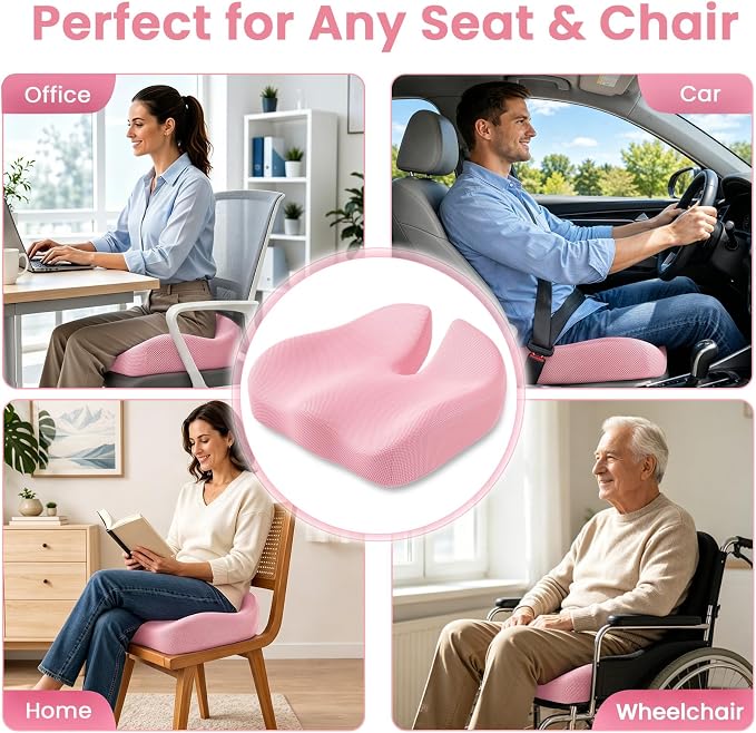 CJACSOC Seat Cushion, Extra Large Memory Foam Cushion for Office Chair Cushions, Ergonomic Cushions Pad Pillow for Pressure Relief Sciatica & Pain Relief for Long Sitting, Pink
