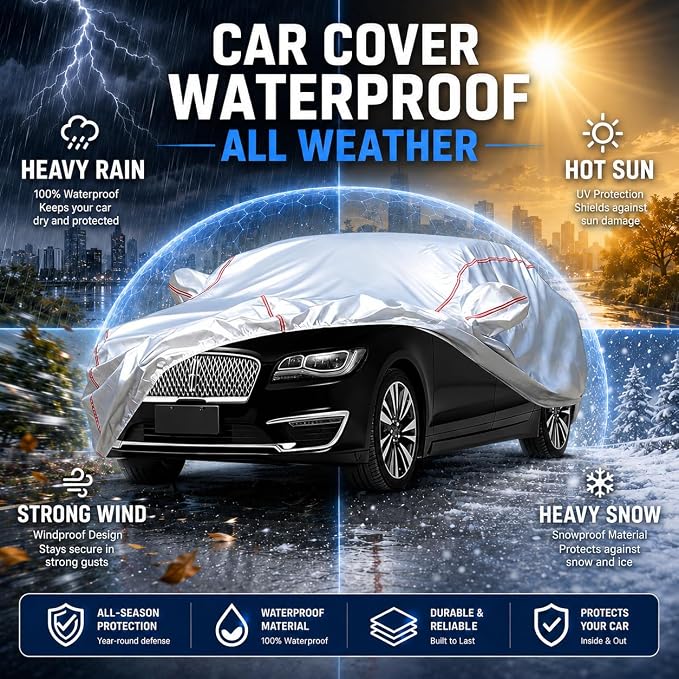 Waterproof All Weather Heavy Duty Vehicle Cover, 360° Underbody Wrap Windproof Design, Quick Install Outdoor Cover,(for Lincoln MKZ 1993-2025 )