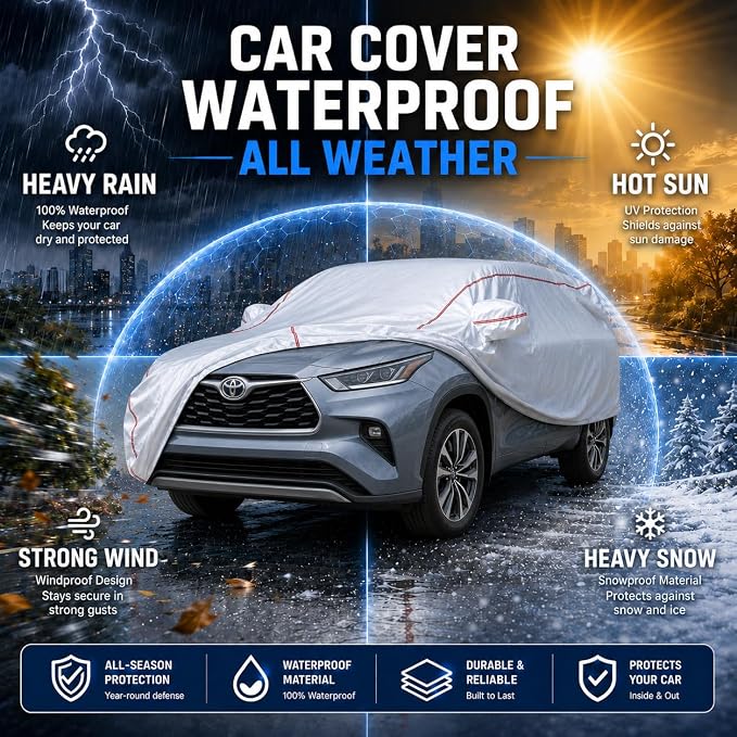 Waterproof All Weather Heavy Duty Vehicle Cover, 360° Underbody Wrap Windproof Design, Quick Install Outdoor Cover,(for Toyota Highlander 2001-2025)