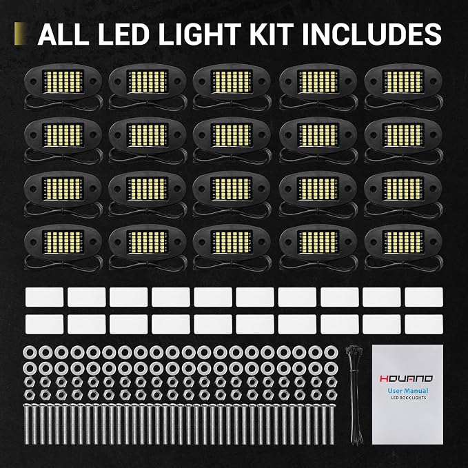 Hovano 20 Pods White Rock Lights 6000K Pure White 36 LEDs SMD Chips Super Bright Neon Underglow Light IP68 Waterproof for Pickup Trucks SUV UTV ATV RZR Car Boats (White)