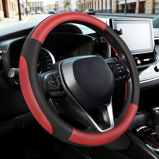 SEG Direct Car Steering Wheel Cover for F-150 Tundra Range Rover 15.5-16 inch, Black and Red Microfiber Leather