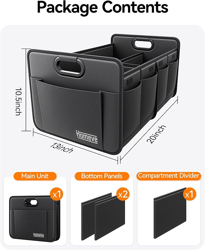 Homeve Car Trunk Organizer for SUV, Small Compact Size No-Sag Heavy Duty, 7 Pockets Foldable Waterproof Anti-Slip Storage, Fit Sedan, Truck, Front Seat, Universal Car Accessories, Black, 2 Compart