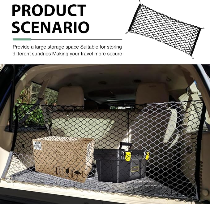 Car Cargo Net, Car Trunk Net Stretchable, Dual-Layer Nylon Trunk Storage Mesh, Adjustable Elastic Storage Nets with Hooks, Universal Cargo Cover for SUVs, Cars, Sedan, Trucks (35.4×11.8)