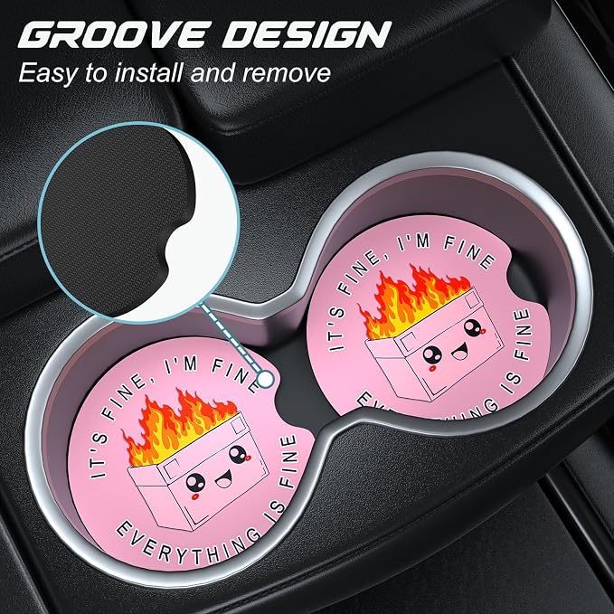 Aiawoxc Car Cup Holder Coasters, 2 Pack Universal Auto Anti Slip Insert Coaster with A Finger Notch, Cute Car Assecories for Women Men, Cup Mat for Most Interior, Pink Cute Dumpster