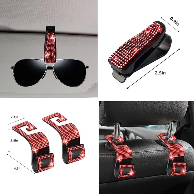 NBTEPEM 27 PCs Red Bling Car Accessories Set for Women, Steering Wheel Covers Universal Fit 15 Inch, Bling License Plate Frame, Bling Phone Holder, Bling Car Coasters (Red Diamond)