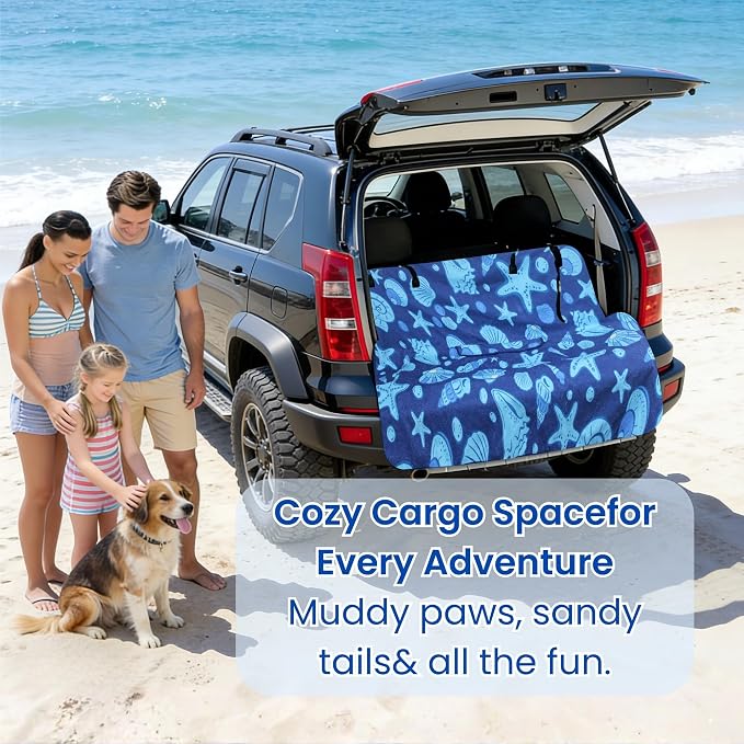 Waterproof Back Seat Cover for Dogs and Kids, Car Seat Protector Under Baby Car Seat, Child and Dog Car Seat Cover Blanket for Rear Bench(Conch Shells Starfish, Rear Bench Seat Towel)