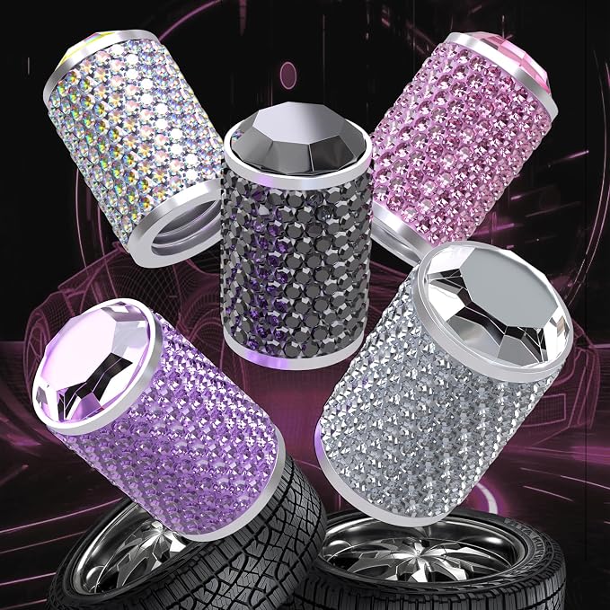 BFXM 4Pcs Car Tire Valve Stem Caps, Bling Tire Air Cap for Car, Car Accessories for Women Universal Stem Covers, Anodized Aluminum Tires Valve Cap with O Rubber Ring, Crystal Diamond