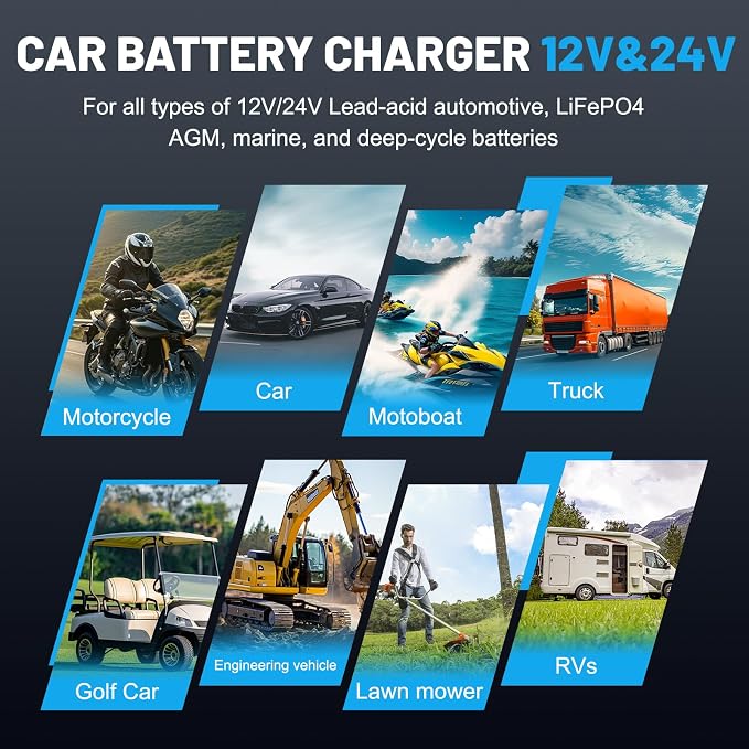 10A Smart Battery Charger 12V/24V, 10-Stage Car Battery Charger Automotive, Trickle Charger Maintainer with Pulse Repair for Truck, Motorcycle, Battery Desulfator with Temperature Compensation (Black)