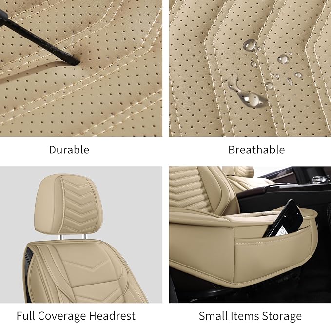 HChengkikz Nappa Leather Car Seat Covers Front Seats, Beige Car seat Protector, Waterproof Car Seat Cushion, Universal Automotive Seat Covers Fit for SUV Truck Pick-up Sedan and Most Cars | Easy Maintenance, Airbag Compatible, Universal Fit For Most SU...