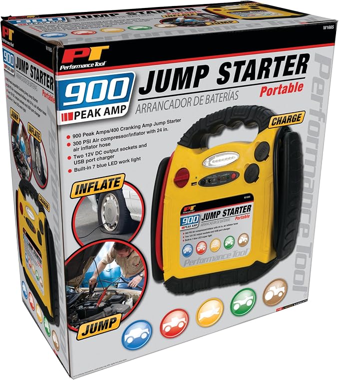 Performance Tool W1665 900 Amp Jump Starter, Inflator, Portable Power Unit