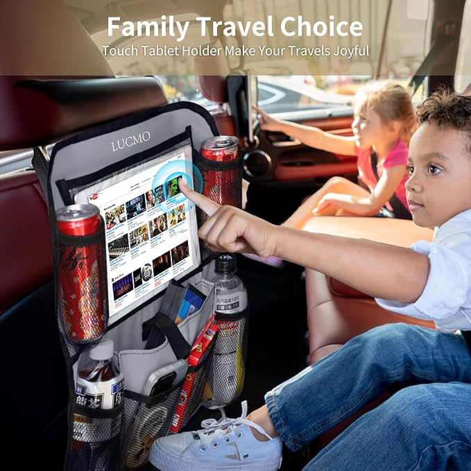 LUCMO Car Backseat Organizer with Touch Screen Tablet Holder, Grey | 2 Pcs,9 Storage Pockets,Clear Tablet Holder,Protectors Kick Mats,Travel Accessories,Seat Cover,Road Trip Essentials